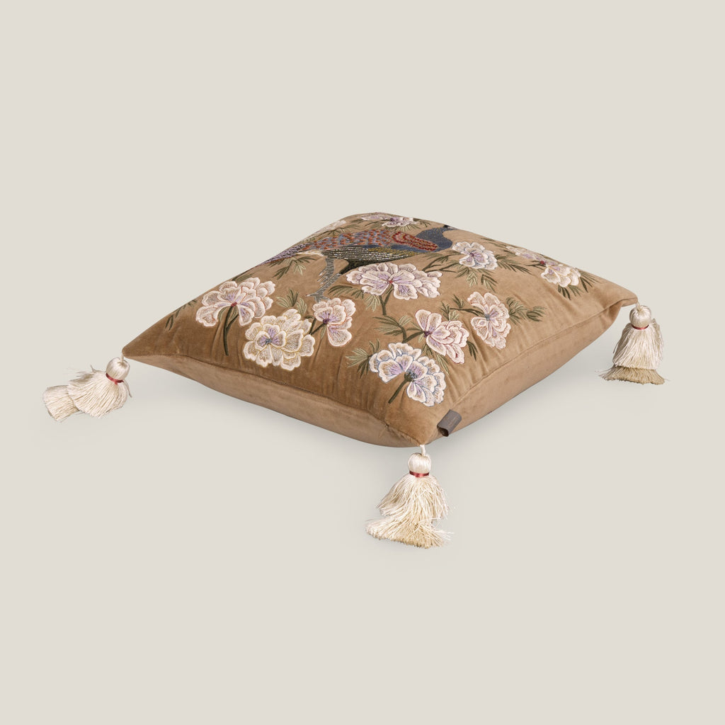 Lark Emb. Beaded Yellow Cushion Cover