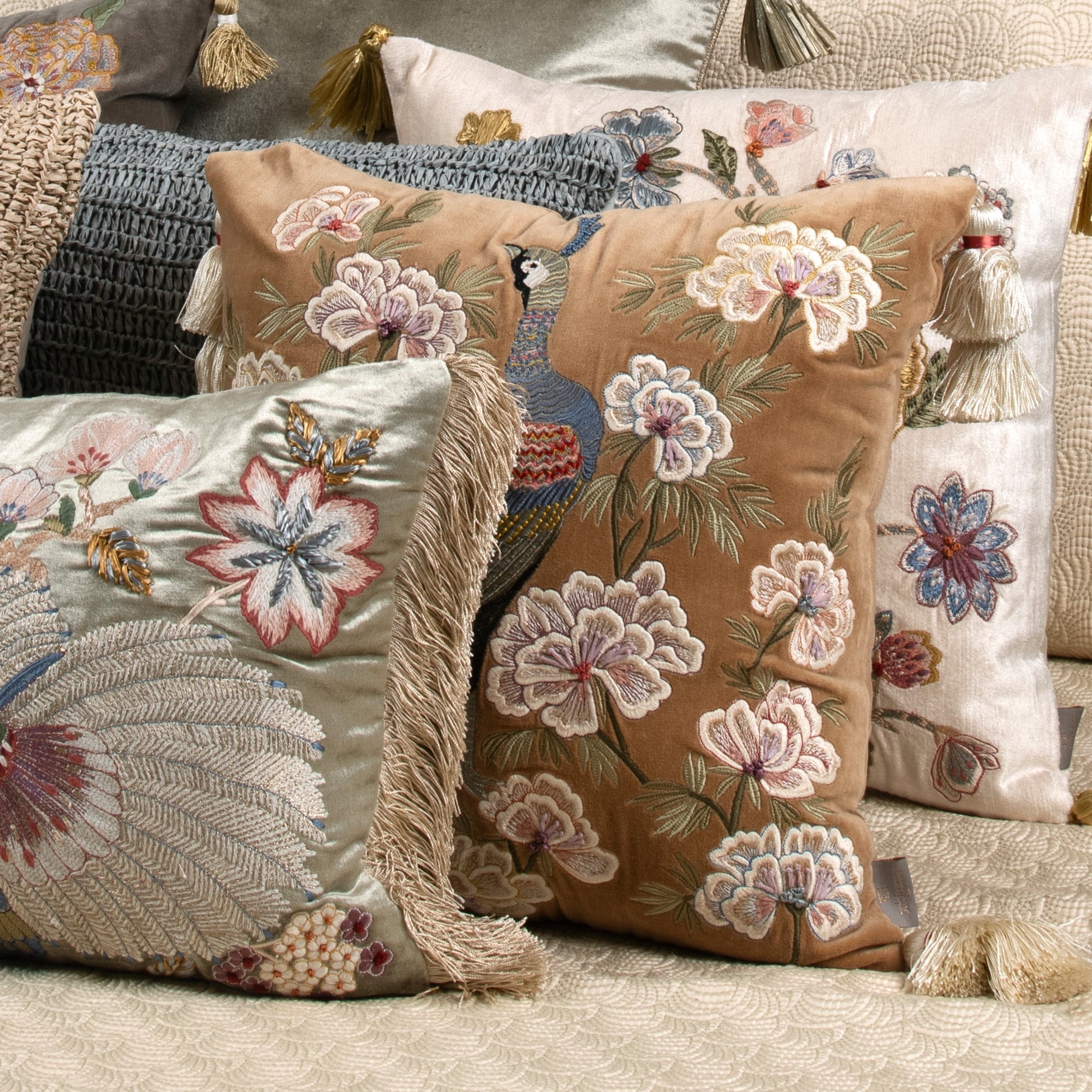 Lark Emb. Beaded Yellow Cushion Cover