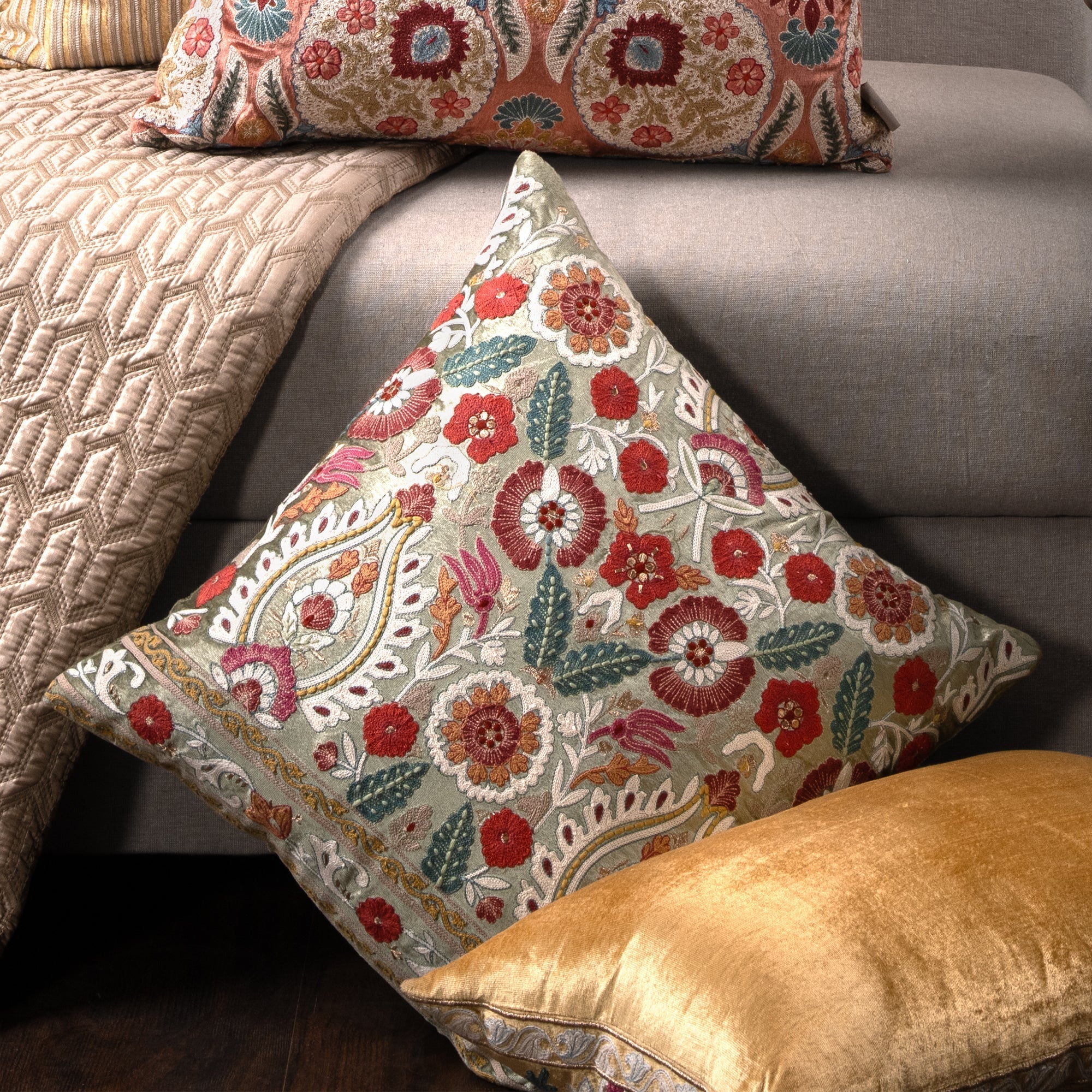 Suzan Sage Green Emb. Cushion Cover